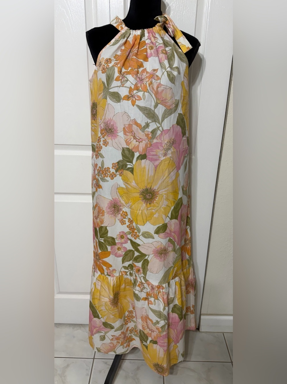 Chloe + Rene Floral garden maxi halter tie shoulder dress size M